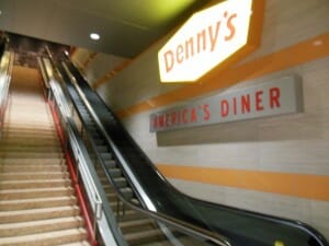 The escalator that takes you to the main Denny's on the Las Vegas Strip