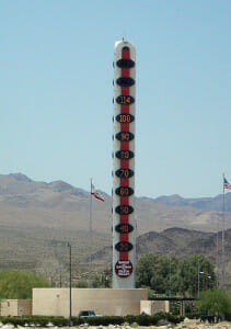 The giant thermometer in nearby Baker, California, near Death Valley