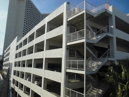 The back entrance to the parking garage off of Linq Lane