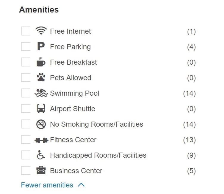 Priceline Amenities list