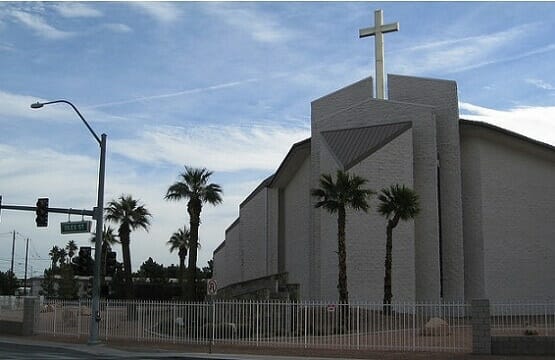 The Shrine of the Most Holy Redeemer Catholic Church is just a block away from the Las Vegas Strip