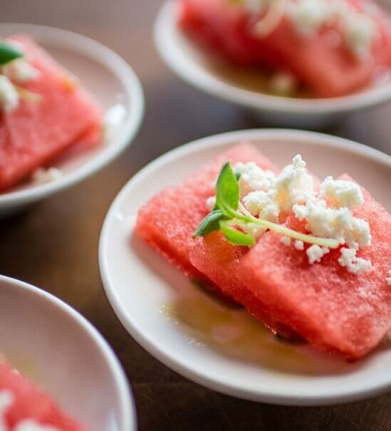 Some of the individual watermelon salad dishes at the A.Y.C.E. Buffet