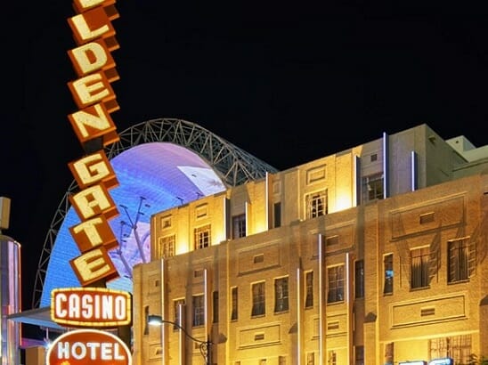 The old school Golden Gate Hotel is right on Fremont Street