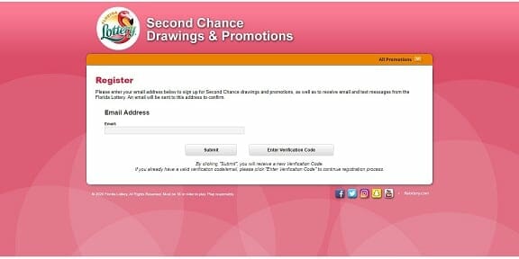 Florida Lottery's 2nd Chance Drawing Registration Page