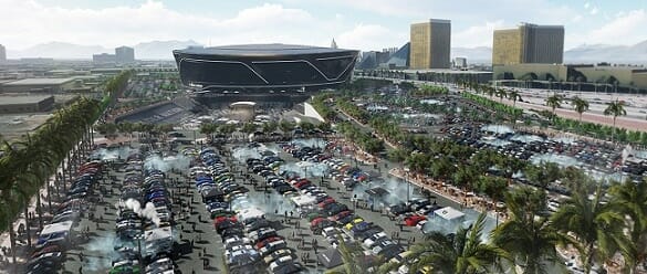 Renderings of parking at Allegiant Stadium. The smoke you see is from tailgaters' BBQ grills. Then again, these are Raiders fans.