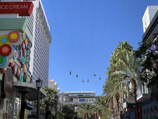 FlyLinq riders zip high above the shops at the Linq Promenade