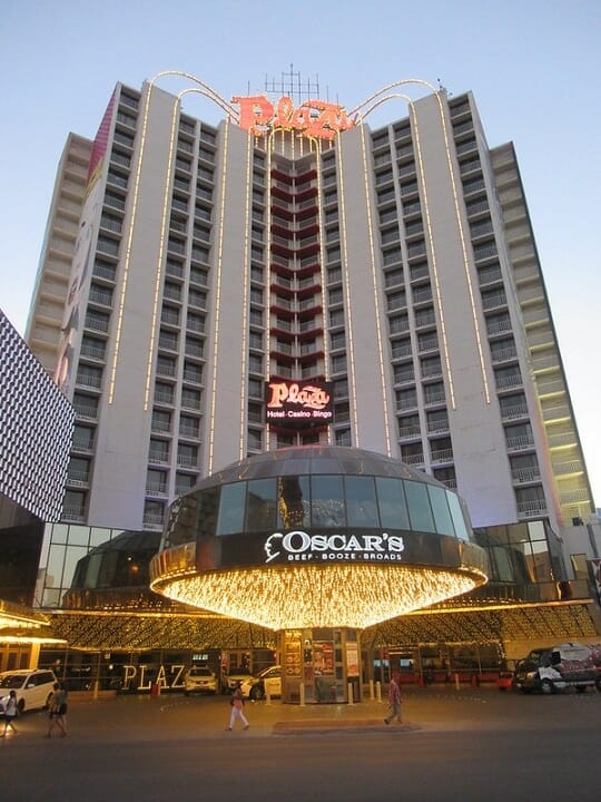 The Iconic Plaza Hotel & Casino anchors the west end of Fremont Street in downtown Las Vegas