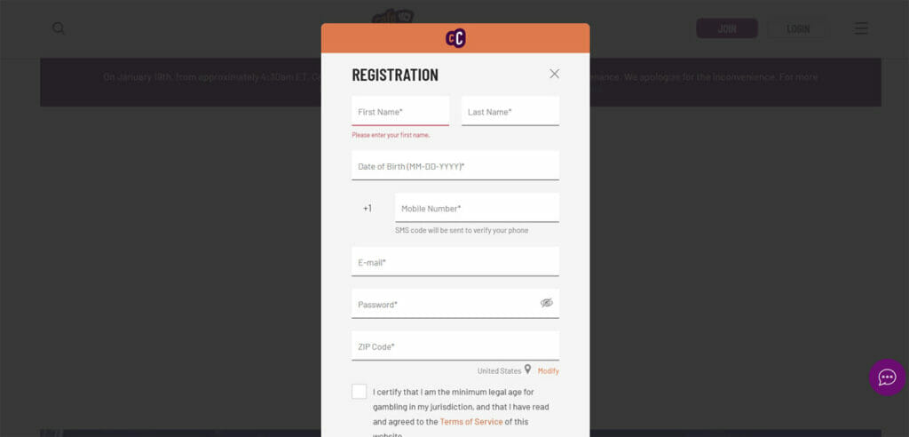 Café Casino registration step 1