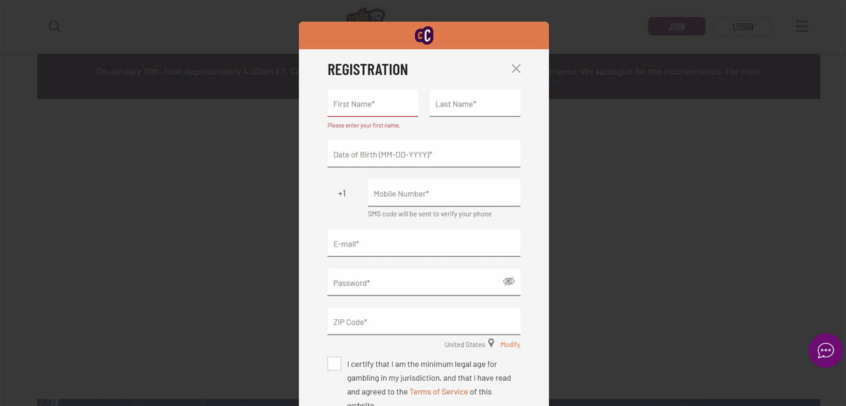 Cafe Casino registration step 1