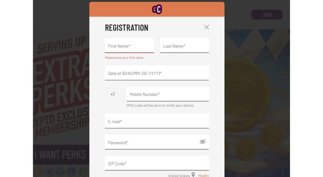 Café Casino registration step 1