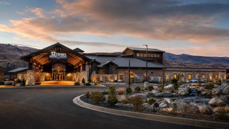 AI-generated exterior view of 12 Tribes Resort Casino Omak, Omak, Washington.