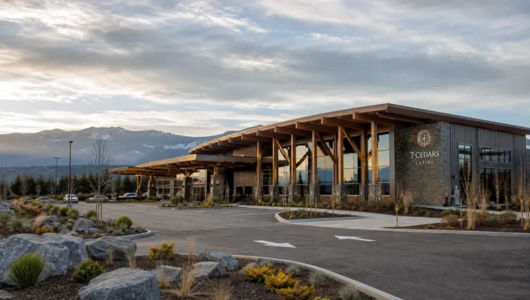 AI-generated exterior view of 7 Cedars Casino Sequim, Sequim, Washington.