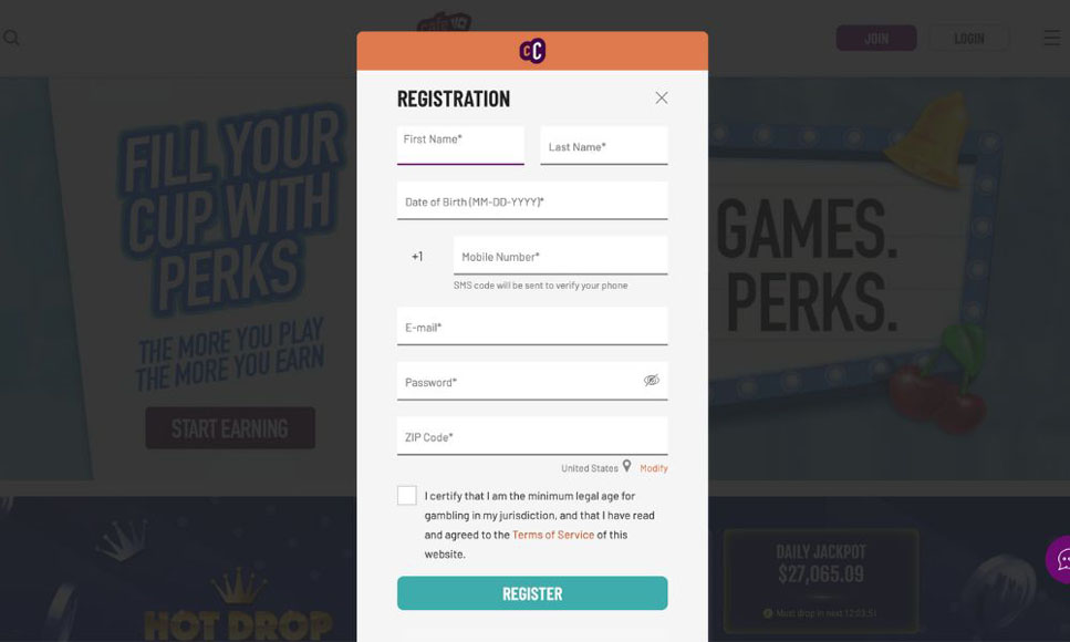 Café Casino Registration Page