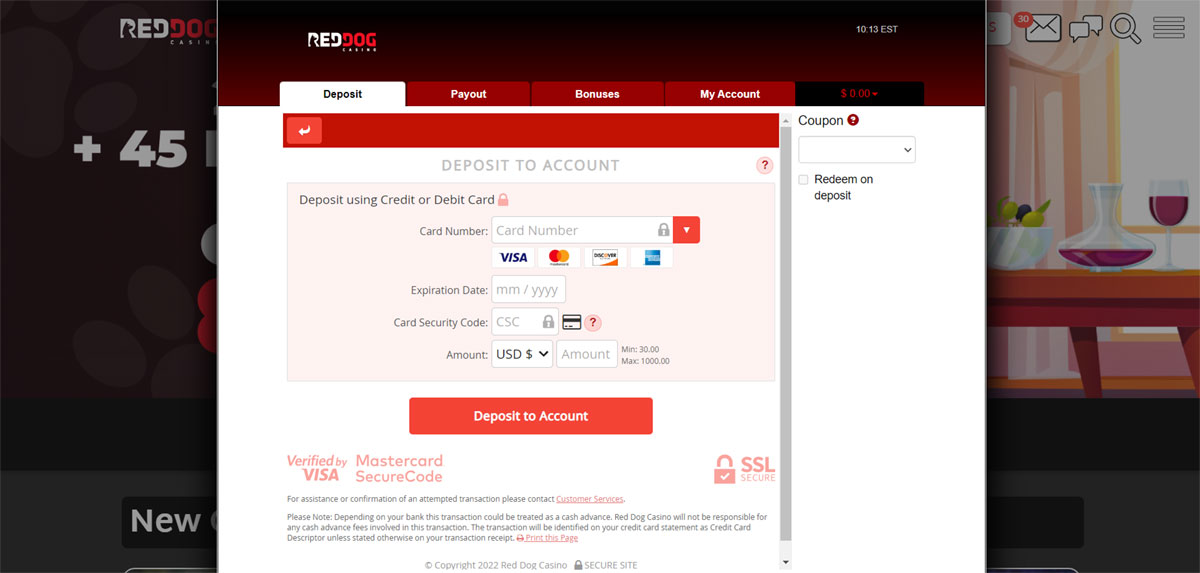 Red Dog Cashier Screen