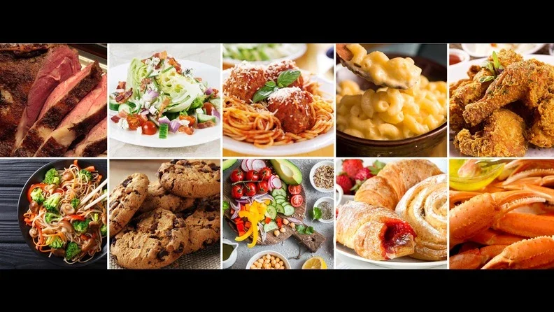 Buffet food selection featuring prime rib, salad, noodles, cookies, spaghetti, and pastries.