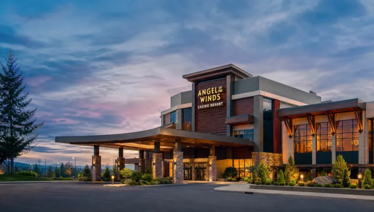 AI-generated exterior view of Angel Of The Winds Casino Resort Arlington, Arlington, Washington.