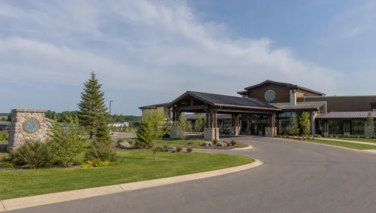 AI-generated exterior view of Bay Mills Resort & Casino Brimley, Brimley, Michigan.