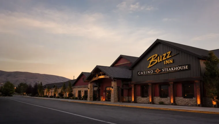 AI-generated exterior view of Buzz Inn Casino & Steakhouse East Wenatchee, East Wenatchee, Washington.