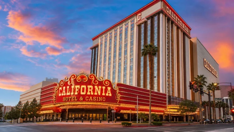 AI-generated exterior view of California Hotel & Casino Las Vegas, Las Vegas, Nevada.