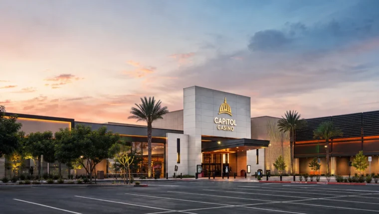 Capitol Casino Sacramento: Poker, Dining, and Visitor Guide 14 AI-generated exterior view of Capitol Casino Sacramento, Sacramento, California.