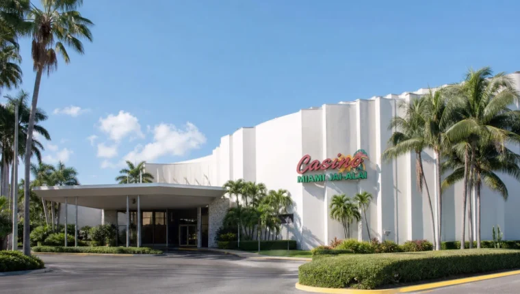 AI-generated exterior view of Casino Miami Jai-Alai, Miami, Florida.