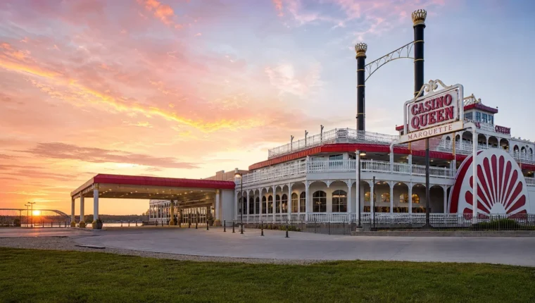 AI-generated exterior view of Casino Queen Marquette, Marquette, Iowa.
