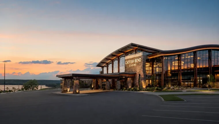 AI-generated exterior view of Catfish Bend Casino Burlington, Burlington, Iowa.
