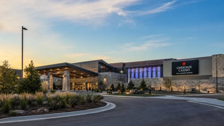 AI-generated exterior view of Cherokee Casino Will Rogers Downs Claremore, Claremore, Oklahoma.