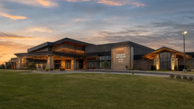 AI-generated exterior view of Comanche Red River Casino Devol, Devol, Oklahoma.