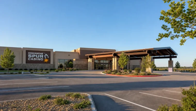 AI-generated exterior view of Comanche Spur Casino Elgin, Elgin, Oklahoma.