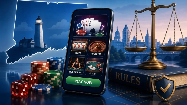 Conceptual editorial illustration for Connecticut Online Casinos: Legal Apps, Games, and Rules