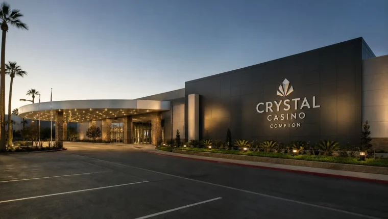 AI-generated exterior view of Crystal Casino Compton, Compton, California.