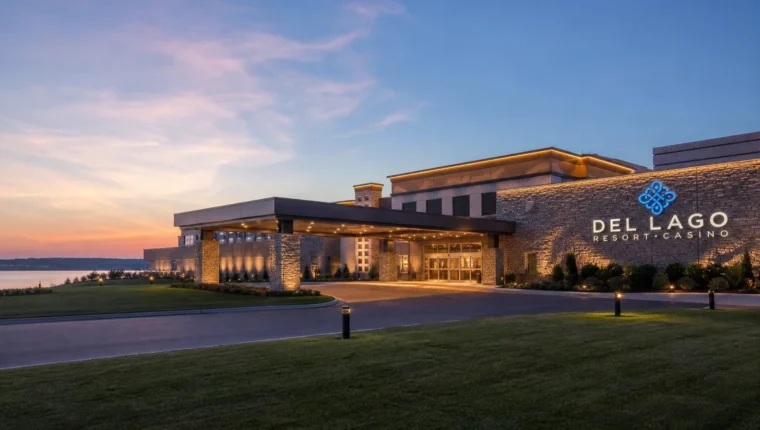 AI-generated exterior view of Del Lago Resort & Casino Waterloo, Tyre, New York.