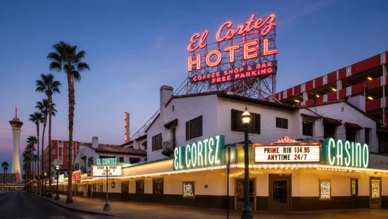 AI-generated exterior view of El Cortez Casino Las Vegas, Las Vegas, Nevada.