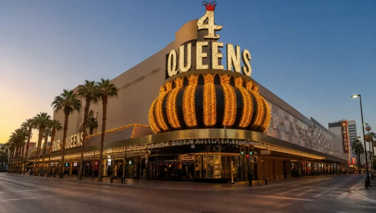 AI-generated exterior view of Four Queens Casino Las Vegas, Las Vegas, Nevada.