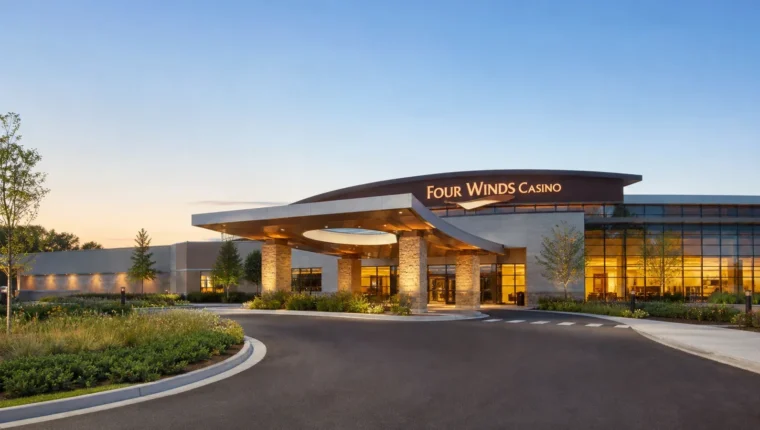AI-generated exterior view of Four Winds Casino New Buffalo, New Buffalo, Michigan.