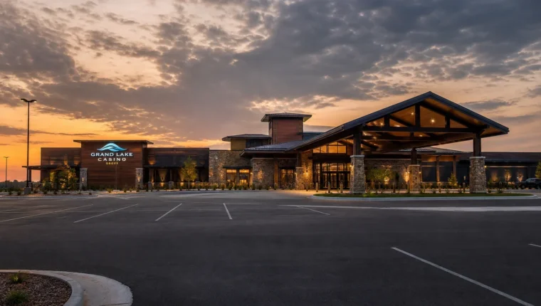 AI-generated exterior view of Grand Lake Casino Grove, Grove, Oklahoma.