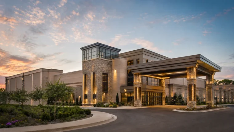 Grand Victoria Casino Elgin: Games, Dining & Visit Guide 11 AI-generated exterior view of Grand Victoria Casino Elgin, Elgin, Illinois.