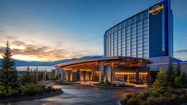 AI-generated exterior view of Hard Rock Casino Lake Tahoe, Stateline, Nevada.