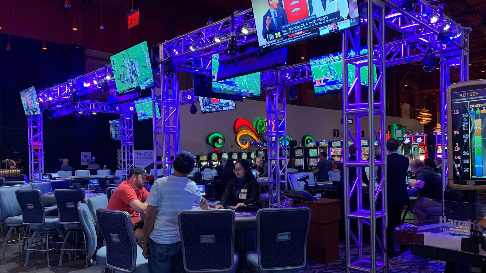 Gaming tables beside the sportsbook at Harrah's Philadelphia, pictured in Covers' 2019 review.