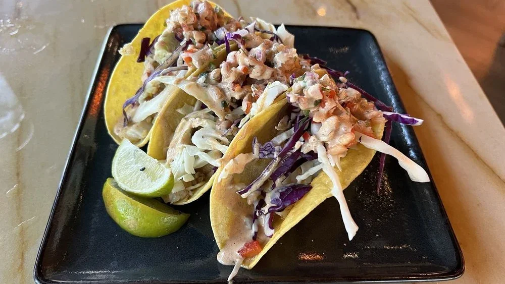 Customer photo of an order of three fish tacos on corn tortillas at Louie Oliver's Restaurant & Bar at Harrah's Northern California.