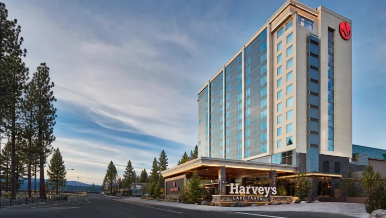 AI-generated exterior view of Harvey's Casino Lake Tahoe, Stateline, Nevada.