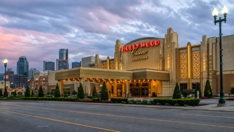 AI-generated exterior view of Hollywood Casino at Greektown Detroit, Detroit, Michigan.