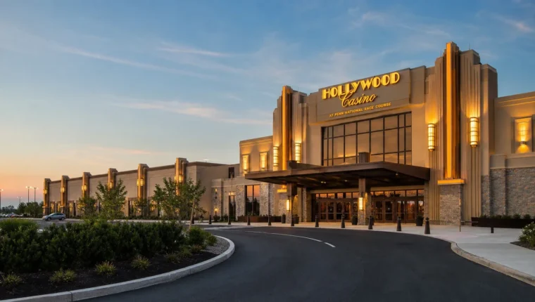 AI-generated exterior view of Hollywood Casino at Penn National Racecourse Grantville, Grantville, Pennsylvania.