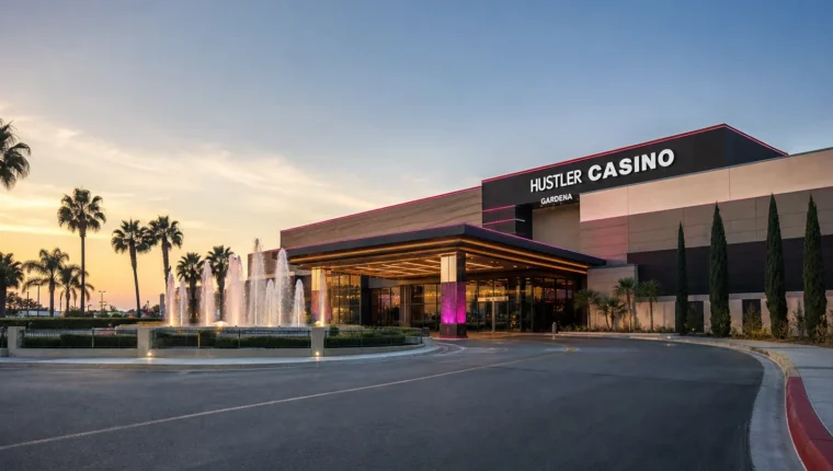 Hustler Casino Gardena 43 AI-generated exterior view of Hustler Casino Gardena, Gardena, California.