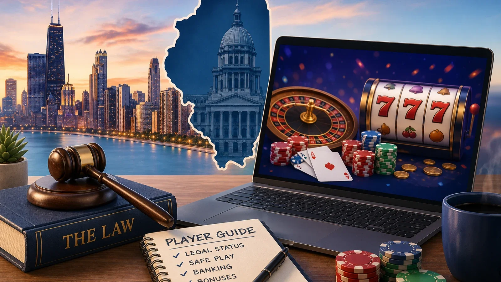Conceptual editorial illustration for Illinois Online Casinos: Legal Status and Player Guide