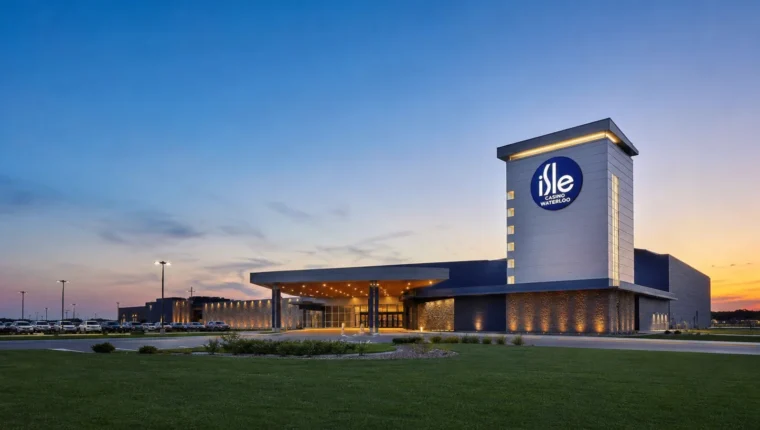 AI-generated exterior view of Isle Casino Waterloo, Waterloo, Iowa.