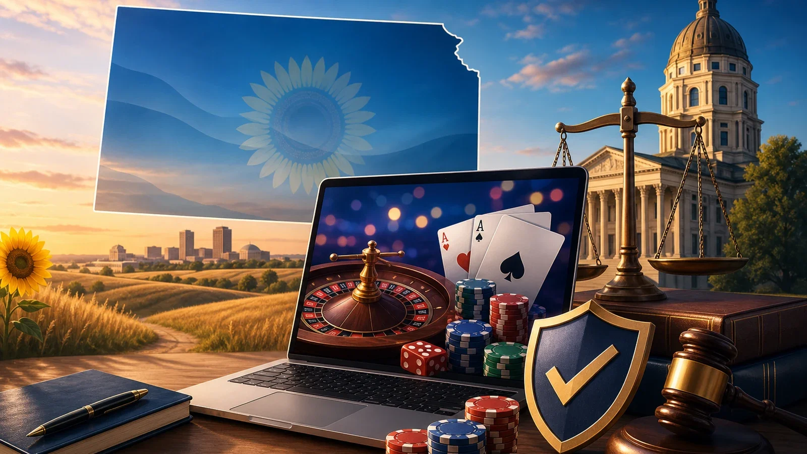 Conceptual editorial illustration for Kansas Online Casinos: Legal Status and Options