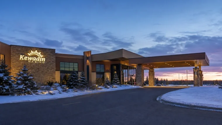 AI-generated exterior view of Kewadin Casino Christmas, Christmas, Michigan.