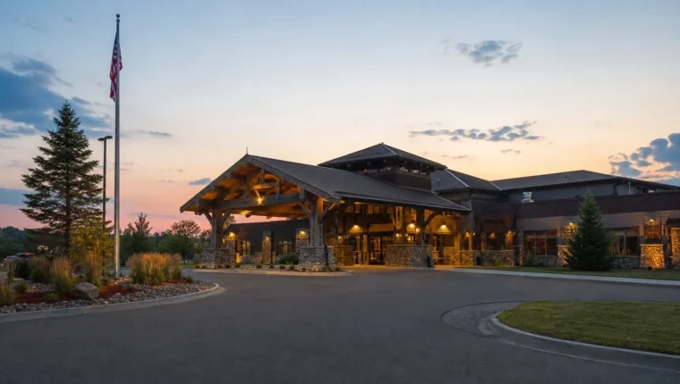 AI-generated exterior view of Kewadin Casino Hessel, Hessel, Michigan.